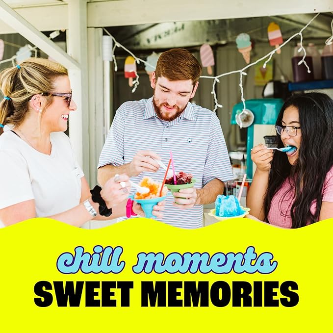 Hawaiian Shaved Ice Syrup Assortment with 6 - 16oz Bottles, 50 Snow Cone Cups, Spoon Straws, and Pouring Spouts. Flavors: Tiger’s Blood, Pina Colada, Blue Raspberry, Grape, Cherry, Lemon-Lime