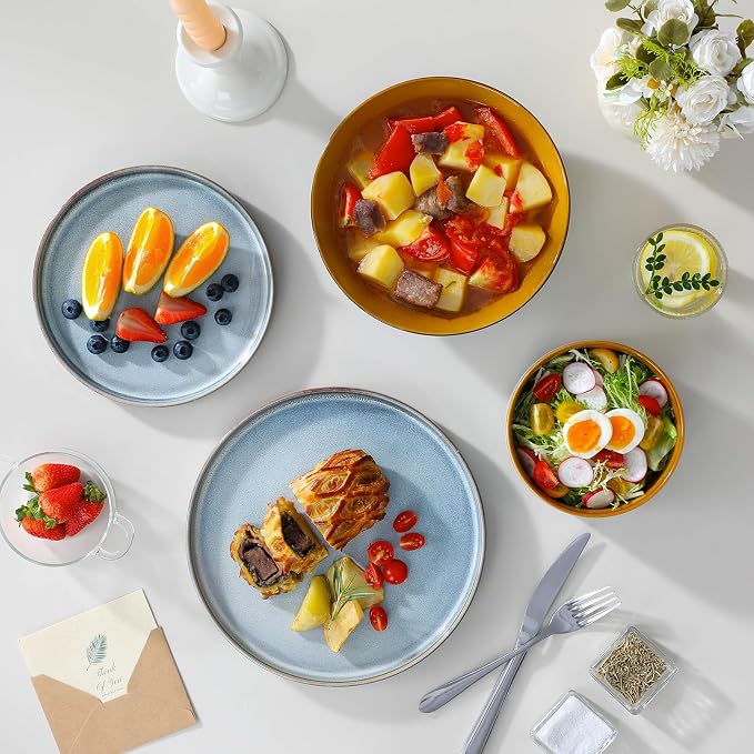 ONION Ceramic Plates and Bowls Sets for 6, 24 Pieces Stoneware Dinnerware Sets for Kitchen, Reactive Glaze Dish Set, Dishwasher and Microwave Safe, Light Blue