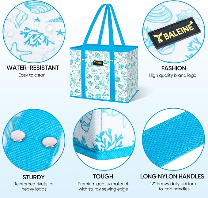BALEINE 1Pk Reusable Grocery Bags, Foldable Shopping Bags for Groceries with Reinforced Bottom & Handles (Summer Beach-Blue)