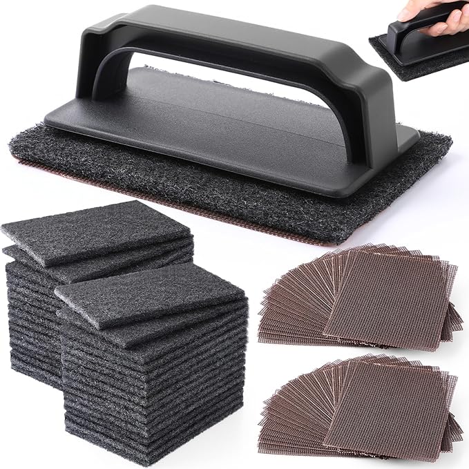 Reallnaive 62 Pcs Griddle Cleaning Kit Screen Holder Grill Screens Cleaning Pads Heavy Duty Abrasive Mesh Pads for Flat Tops, Cast Iron, Stainless Steel Griddle Cleaner Accessories Bundle (Black)