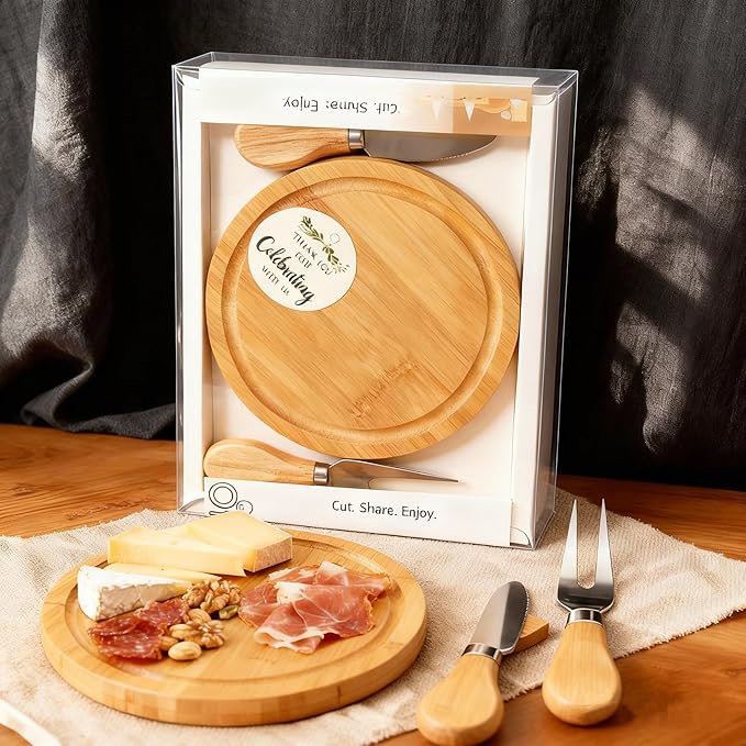 4-Pack Small Personal Charcuterie Cheese Board Set & Serving Tray - 6 Inch mini Bamboo Plates with Knives & Forks, Party Serving Set for Wedding Favors, Bridal & Baby Shower, Ideal Gifts