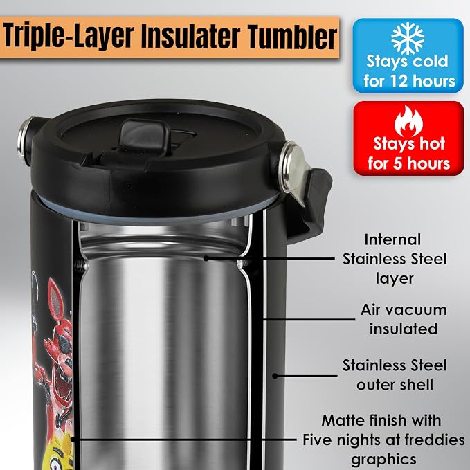 Get Trend Five Nights at Freddy’s 30oz Tumbler with Handle and Straw, Stainless Steel Insulated Water Bottle, BPA-Free, Leak-Proof, Cold for 12h, Hot 5h, Gifts for Men, Teens (Black FNAF)