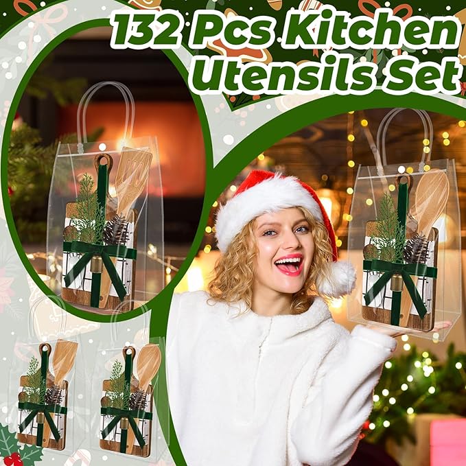 12 Set Christmas Gift Kitchen Utensils Set Acacia Spatula Mini Cheese Board Pine Cones for Christmas Kitchen Holiday Gift Party Decor Neighbor Employee Baking Gift Xmas Cooking Supplies