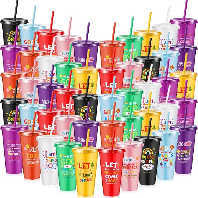 Uiifan 50 Pcs VBS Christian Cups for Kids Bulk, Reusable Plastic Tumblers with Lids and Straws, Bible Verse Cups for Sunday School, VBS, Church Events, Classroom Rewards, Kids Party (Multicolor)
