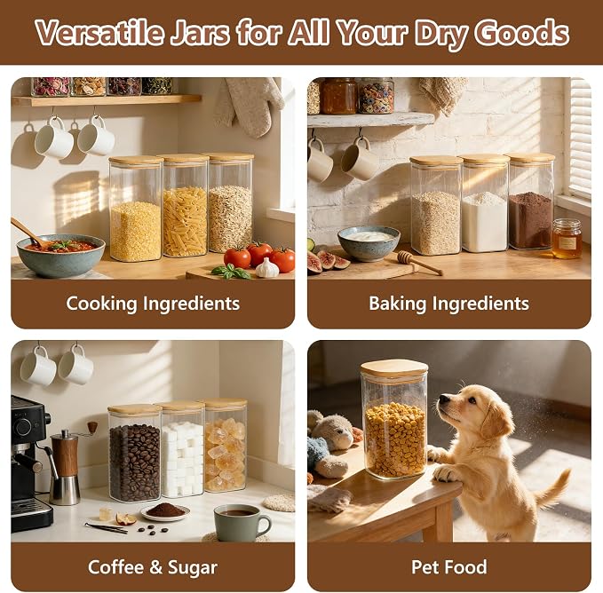 KEYWING 50oz Airtight Glass Storage Containers with Lids Set of 3, Square Glass Jars with Bamboo Lids, Kitchen Pantry Storage Canister for Flour, Sugar, Cereal, Coffee Beans, Pasta, Cookies & Tea