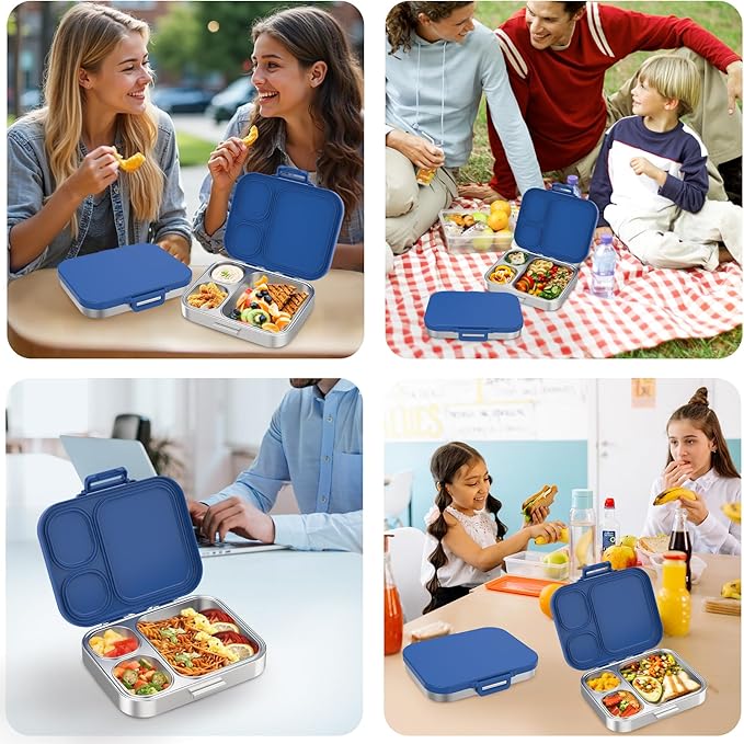 Pawtong Stainless Steel Bento Lunch Box for Kids | 3-Compartment Lunch Box Container Kids | 100% Leakproof, Eco-Friendly, Perfect Portion Control for Kids&Adult Healthy Meals (Blue)