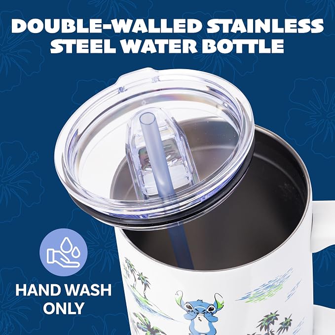 Silver Buffalo Disney Lilo and Stitch Vintage Sketch Palm Trees and Flowers Double Walled Stainless Steel Tumbler with Handle and Straw, Fits in Standard Cup Holder, 40 Ounces