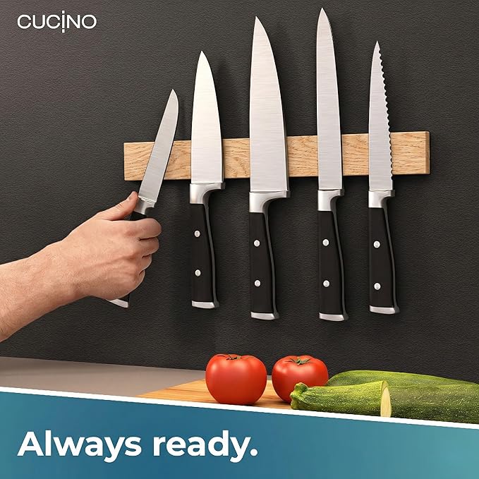 CUCINO Magnetic Knife Holder for wall, 16" no drilling required, includes self-adhesive tape, extra strong for holding knives – Awarded magnet strip – Oak