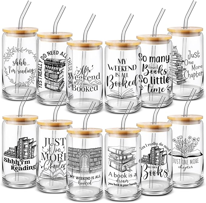 Domensi 12 Pcs Book Lovers Themed Gift 16 oz Glass Cups with Bamboo Lid Straw Library School Can Shaped Glass Cup for Women Men Teacher Readers Book Club Librarians Team Appreciation Gifts