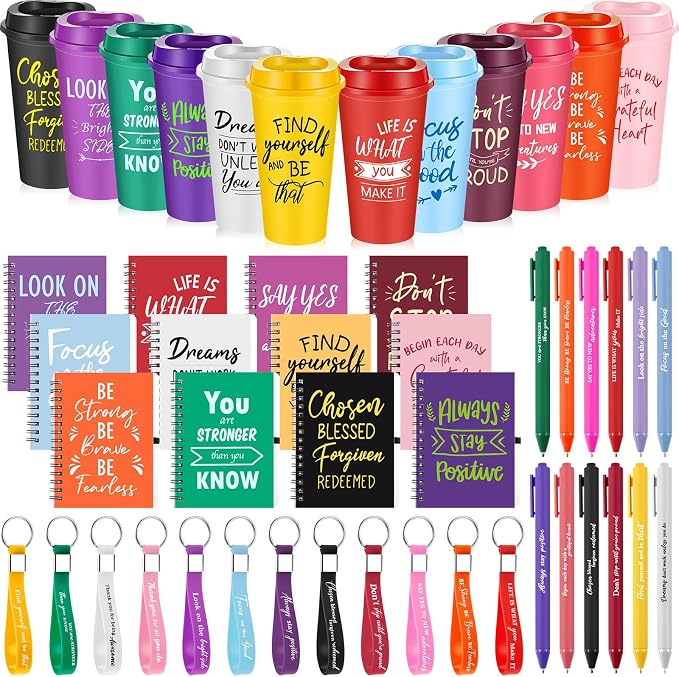 Skylety 12 Sets/48 Pcs Employee Appreciation Gift Baskets Bulk 16oz Inspirational Coffee Cup with Spiral Notebook, Pen & Keychain, Thank You Gifts for Staff, Teacher,Coworker, Team (Classic Color)