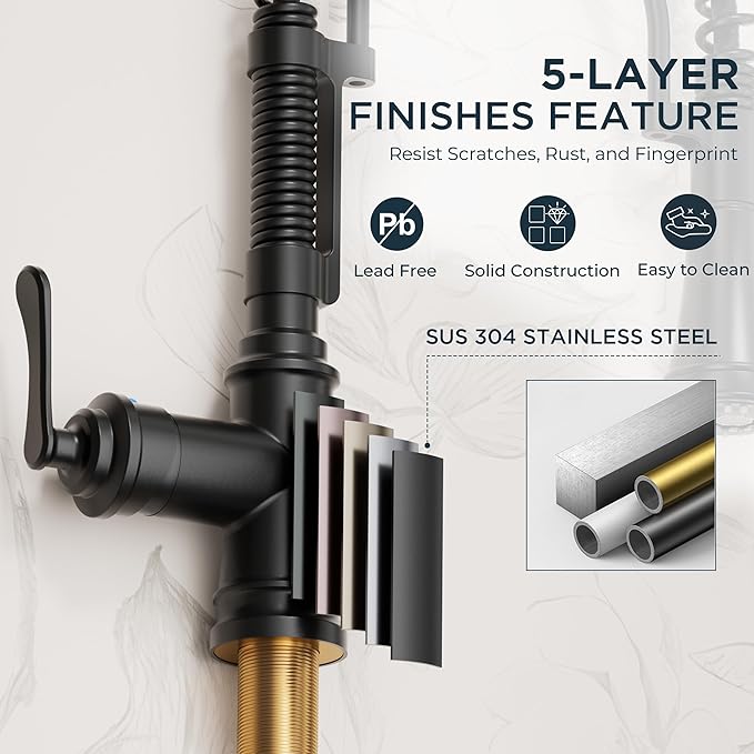FORIOUS Black Kitchen Faucet with Pull Down Sprayer, Stainless Steel Single Handle Spring Antique Kitchen Sink Faucet with Deck Plate for 1 or 3 Holes, Sutiable for Farmhouse, RV, Camper, Wet Bar