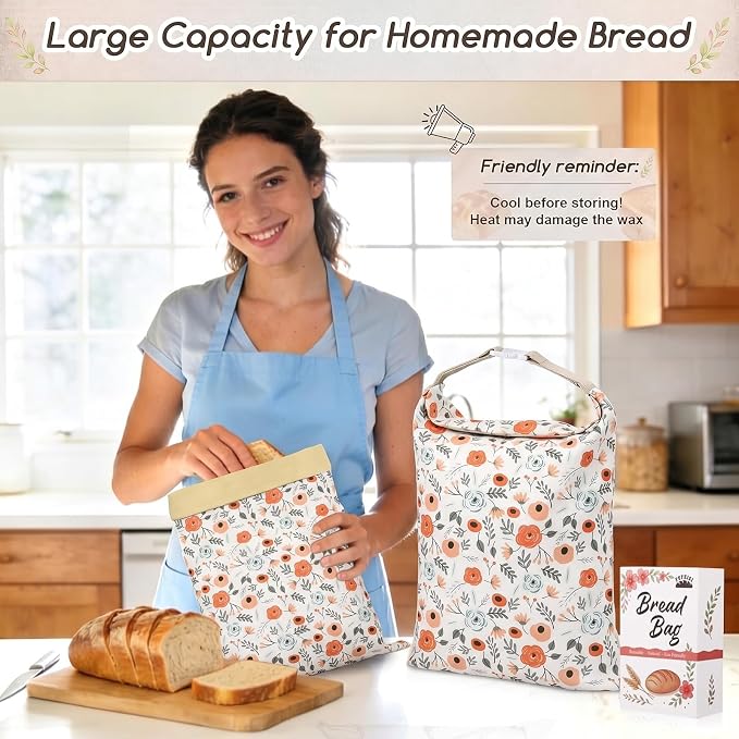 Beeswax Bread Bags for Sourdough, 2 Pack Reusable Bread Bag for Storage XL 17x13 Inch, Large Canvas Lined Bags for Homemade Sourdough - Keep Fresh, Freezer Safe