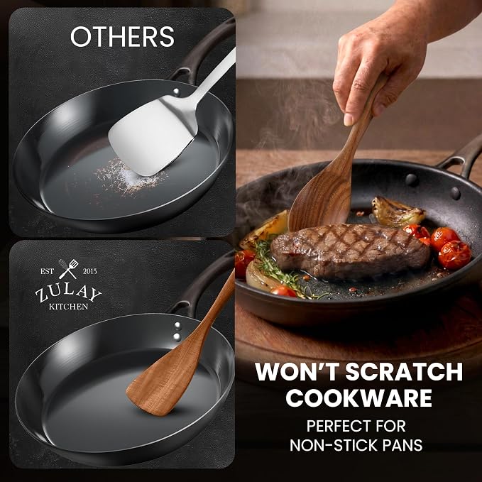 Zulay Kitchen 7-Piece Wooden Cooking Spoons Set – Heat-Resistant, Smooth Teak Utensils with Comfort Grip – Lightweight & Durable – Easy to Clean, Perfect for Non-Stick Cookware