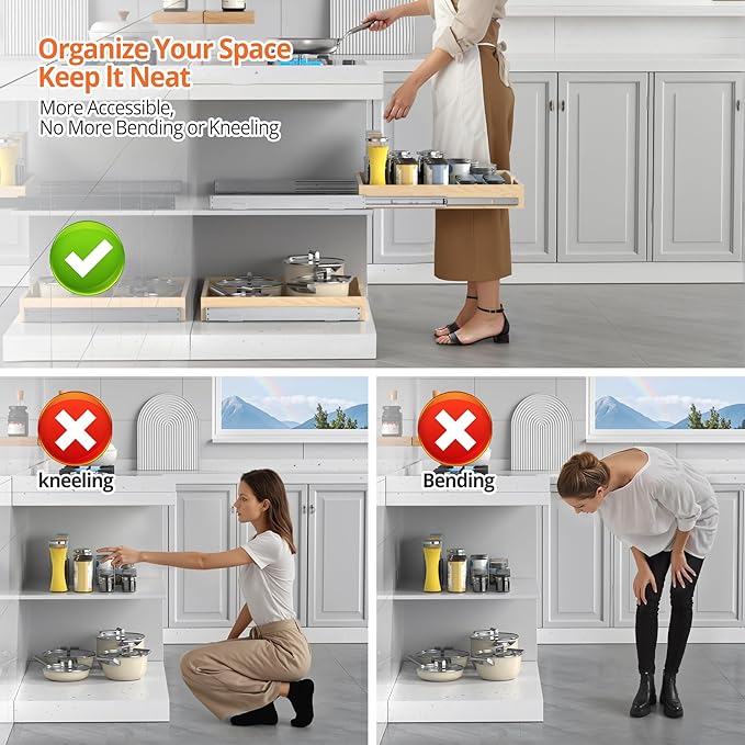 ZOINLIY Wooden Pull Out Cabinet Organizer, Slide Out Drawer for Kitchen Organizers and Storage, Soft Close, Heavy Duty, Fully Expandable - Bottom Mounting