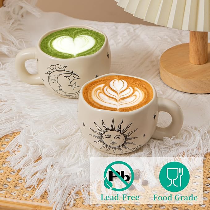 4pcs Boho Style Ceramic Moon and Sun Mugs, 9.4OZ Cute Coffee Cup Set, Matte Cream Color, Dishwasher Safe, Gift for Women/Couples