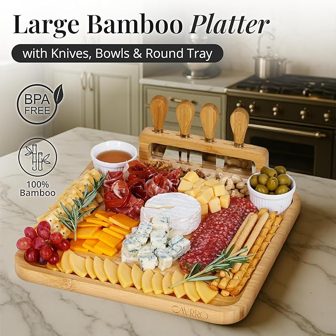Charcuterie Board Set Bamboo with Cheese Knives and Bowls, Large Wooden Serving Platter for Entertaining, Housewarming and Wedding Gift by Cavrro