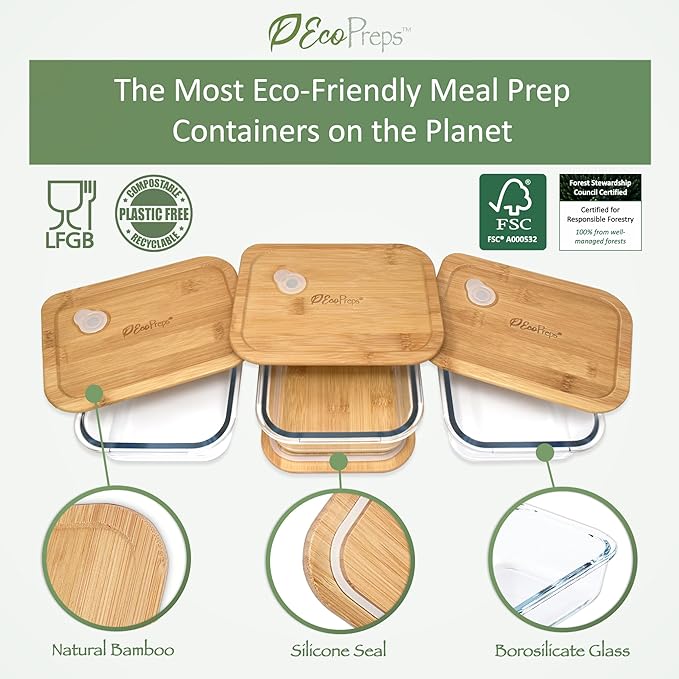 EcoPreps Glass Meal Prep Containers with Bamboo Lids (3 Pack) - 100% Plastic Free, Eco-Friendly Lunch Containers, Bamboo Lid Storage Container Set - Microwave Safe Glass Food Storage Container Set