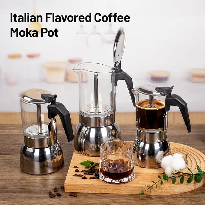6 Cup Glass Clear Moka Pot Thickened 304 Stainless Steel Stovetop Espresso Maker Italian Coffee Machine 300ml 10.6oz Classic Mocha Cafe Greca Coffee Suitable for Gas Induction