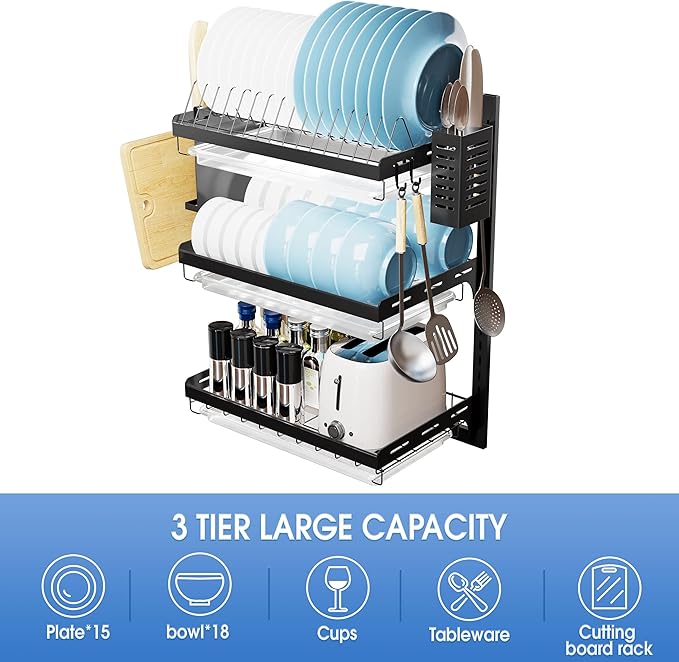 3 Tier Large Wall Mounted Dish Drainer, Stainless Steel Dish Rack, Dish Drying Rack for Kitchen with Utensil Organizer (Black)