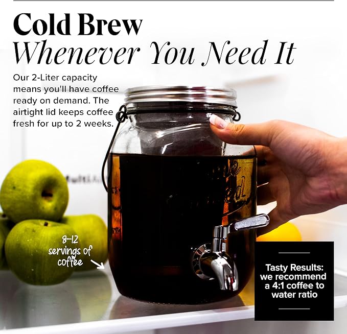 Willow & Everett Cold Brew Coffee & Iced-Tea Maker Pitcher, 2 L Glass Dispenser w/Metal Spigot & Mesh Filter Iced Coffee & Sun Tea Brewing System