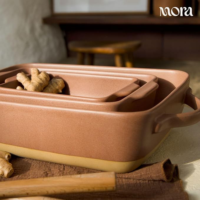 Mora Ceramic Set of 2 Baking Dishes For Casserole, Banana Bread, Brownies, Broiling, Roasting, and Baking. 7x11 in and Loaf Pans - Porcelain Serving Bakeware from Oven to Table. Freezer Safe - Teracotta
