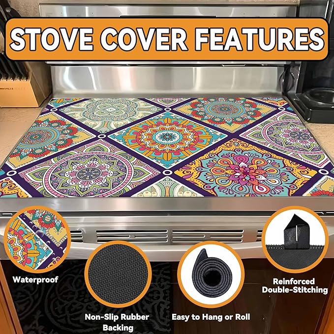 Decorative Stove Top Covers for Electric Stove 28"x20" – Heat Resistant Glass Cooktop Protector Dish Drying Mat – Non-Slip Rubber Backing Washer Top Cover Waterproof Extra Counter Space (Boho)