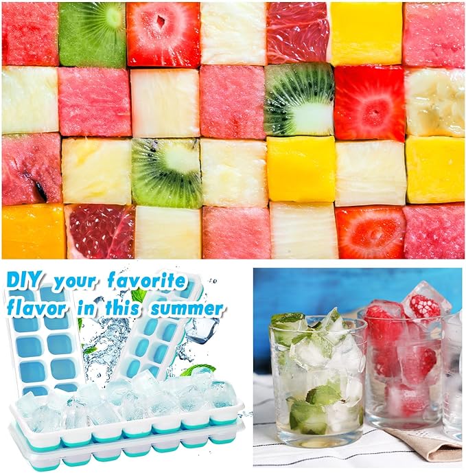 Rtteri 36 Pack Ice Cube Trays Silicone Ice Tray for Freezer Flexible 14 Cube Molds Easy Release Stackable Trays with Lid for Drinks Cocktail Coffee Baby Food (Blue)