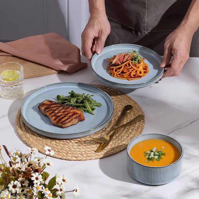 E-far Stoneware Dinnerware Sets for 2, 6-Piece Plates and Bowls Sets, Chip & Scratch Resistant Ribbed Dish Set for Home Restaurant, Microwave & Dishwasher Safe, Dusty Blue