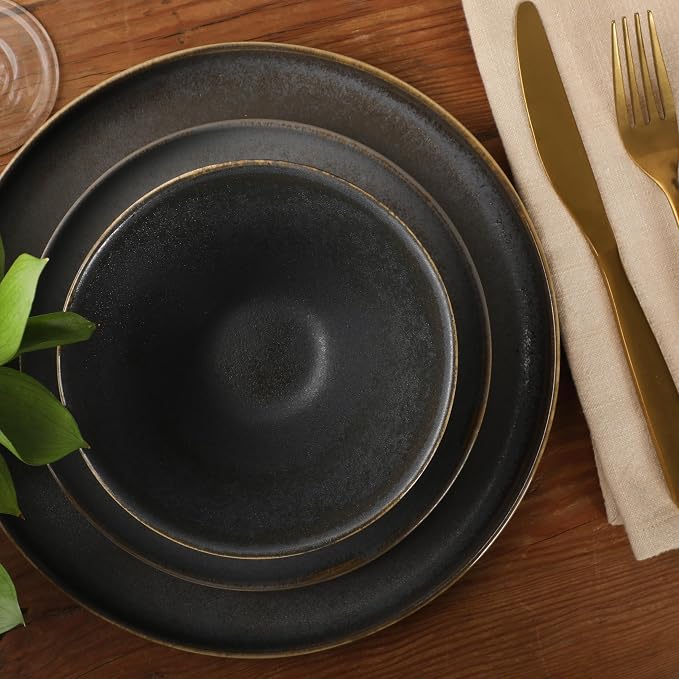 Gibson Elite Coastal Forest Plates and Bowls Sets, 12-Piece Stoneware Dinnerware Sets, Triple Reactive Glaze Dish Set - Black