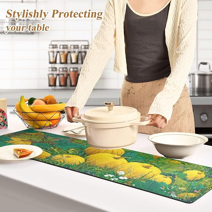 2-in-1 Table Runner Trivet for Hot Dishes Heat Resistant Hot Plate Mat Pad 39x12 Inch Waterproof Table Protector Trivets for Countertop Decorative Yellow Pumpkin Flower Tree
