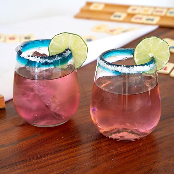 Aqua Blue Rim Hand Blown Stemless Wine Glasses Set of 6 | 16 oz Mexican Glassware | Hand Blown Mexican Drinking Glasses for Wine, Cocktails & Tequila