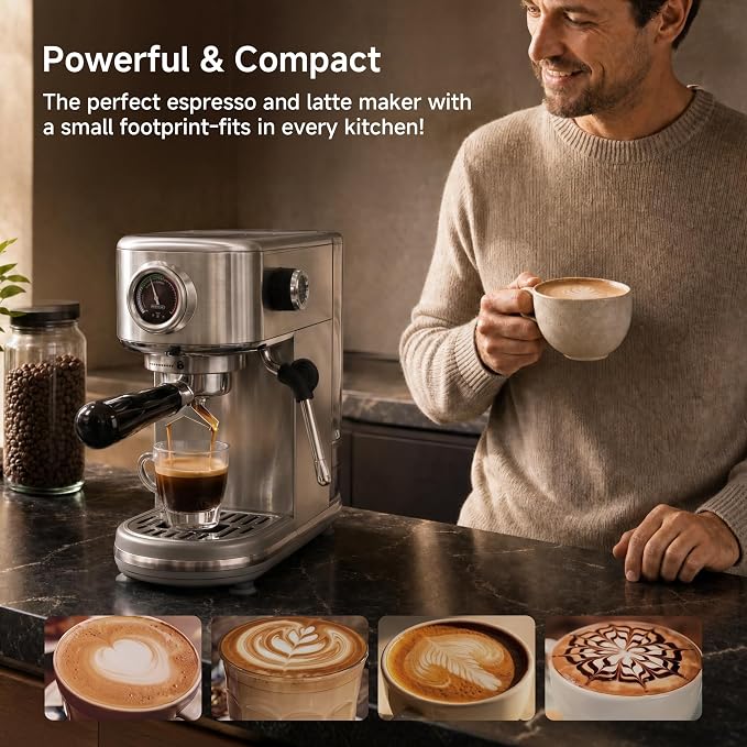 HIBREW H10B Programmable Espresso Machine with LED Display & Pressure Gauge | 20 Bar Compact Stainless Steel Coffee Maker with Milk Frother, 51mm Portafilter for Cappuccino Latte
