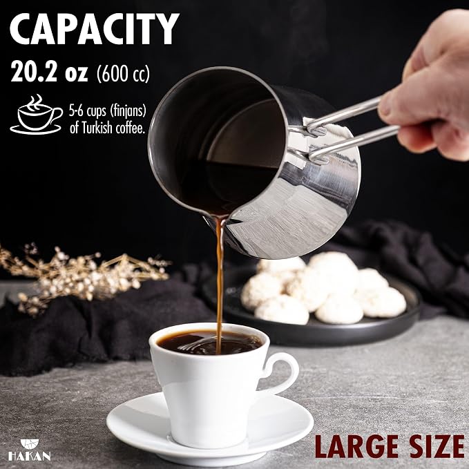Hakan Turkish Coffee Pot, Greek Arabic Coffee Cezve, Stainless Steel Stove Top Milk Warmer, Chocolate Melting Pot with Spout, Chai Pot, Ibrik, Briki | Large - 20.2 oz. (600 cc)