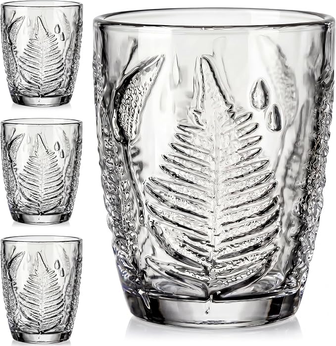 Vintage Drinking Glasses Set of 4, 10 oz Hand-Pressed Clear Glass Cups, Fern Embossed Retro Glassware, Textured Tumblers for Water, Cocktails & Juice, Decorative Kitchen Drinkware, Unique Boho Gift