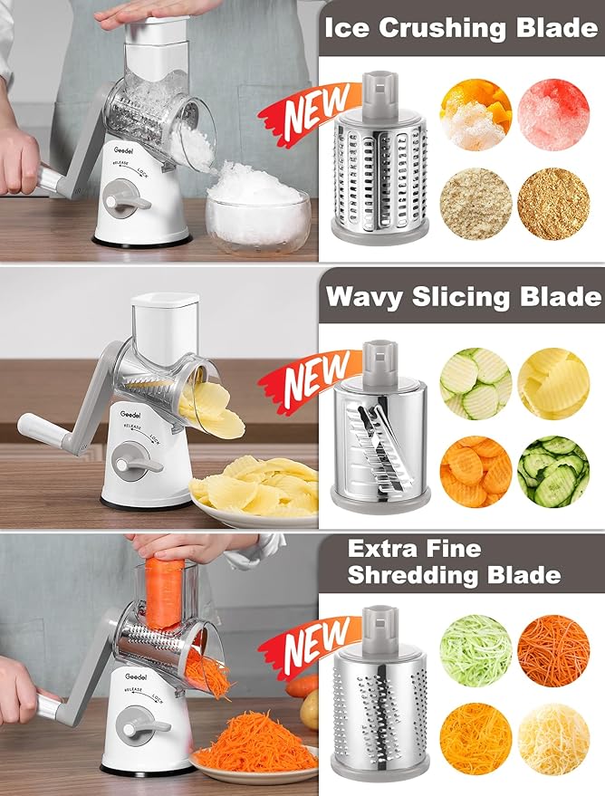 Geedel Rotary Cheese Grater Cheese Shredder - Upgraded 6-in-1 Cheese Grater with Handle and Strong Suction Base, Multi-purpose Vegetable Slicer Ice Shaver Nuts Grinder for Ice, Vegetables, Fruit