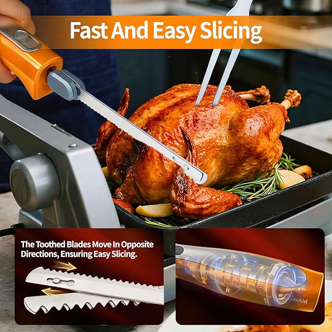 Electric Knife, Electric Carving Knife Set with Two Serrated Stainless Steel Blades, Carving Fork, with Non Slip Handle, Safety Lock and Storage Case for Meat, Bread Fish,Other and Foods.