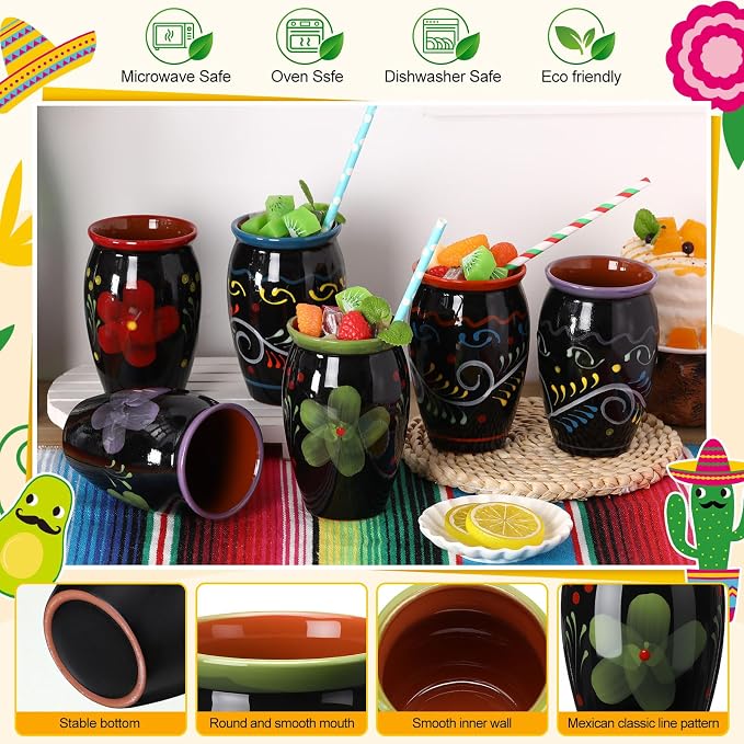 Gejoy 6 Pack 12oz Cantaritos de Barro Mexicanos Mexican Clay Cup Pottery Fiesta De Barro Mexicanos Cocktail Cups Coffee Mugs Cocktail Tea Glasses for Margaritas Mojitos (Dark,Black)
