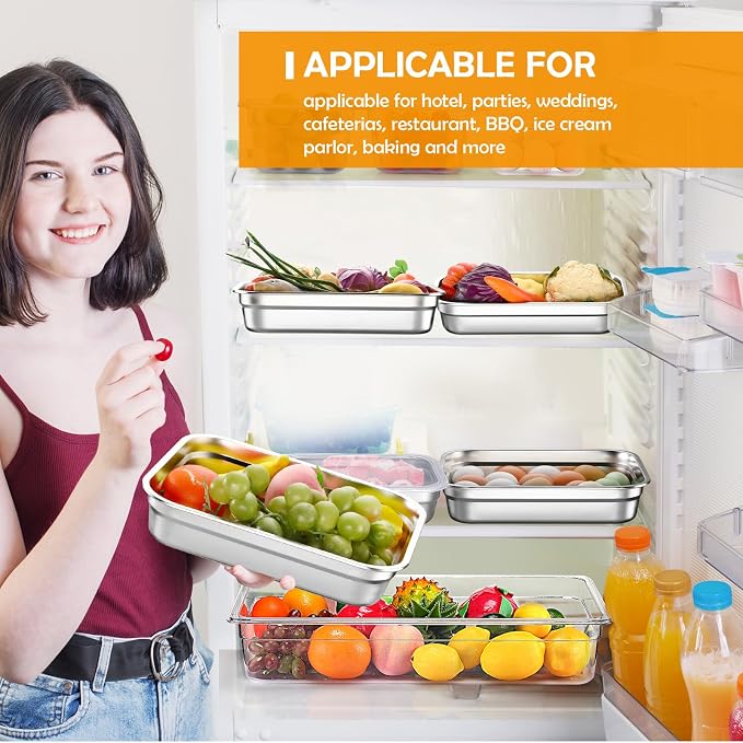 8 Pcs 304 Stainless Steel Food Storage Containers with Lids Hotel Pans Chicken Food Grade Pans Metal Meal Containers for Restaurant Stackable Kitchen Freezer Buffet (2.6 Inch Deep)
