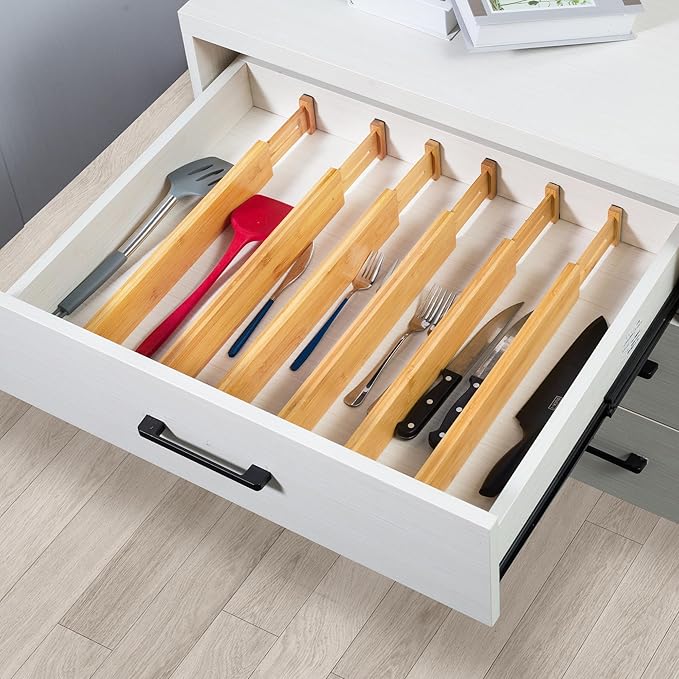 VaeFae Adjustable Bamboo Drawer Dividers, Expandable Drawer Organizer for Kitchen, Bedroom, Bathroom, Dresser and Office, 6-Pack