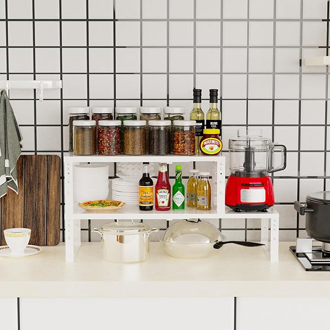 Jojocross Expandable Stackable Spice Rack Organizer for Kitchen Cabinet,Adjustable Counter Shelf, countertop, Pantry,Cupboard,Bathroom,Bedroom(1Pack/White/Medium)