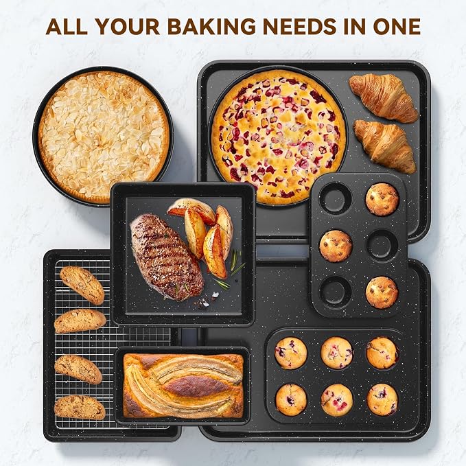 Wildone 13-Piece Baking Pans Set Nonstick - Stackable Bakeware Sets Including Cookie Sheets for Baking, Rack, Muffin Pan, Cake pan, Loaf Pan, Roasting Pan, Heavy Duty & Easy Clean, Black