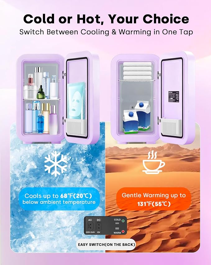 Enventor Mini Skincare Fridge Small Refrigerator for Bedroom, Beauty Fridge for Makeup with Dimmable LED Mirror, 6 L / 8 Cans Compact Portable Cooler for College Dorm, Office, Car, Purple