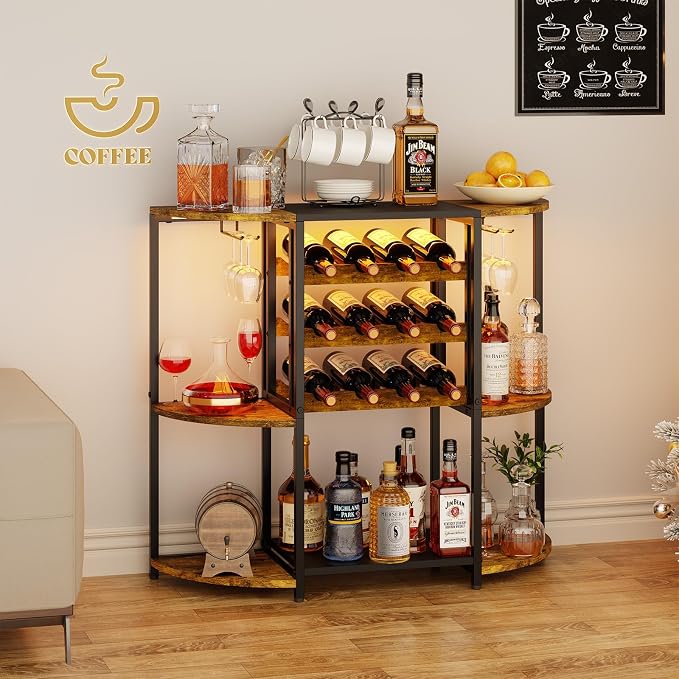 JKsmart Small Wine Bar Cart with LED Lights, Mini Wine Rack with Storage and Glass Holder, Home Bar Cart for Liquor, 3-Tier Bar Table for Kitchen, Dining Room, Living Room, Rustic Brown
