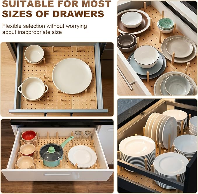 Kigley 6 Pcs Wood Pegboard Drawer Organizer with 48 Pegs Wooden Peg Board System Peg Drawer Organizers for Kitchen Dishes Plate Pegboard Food Containers (17x5.91,Bamboo)