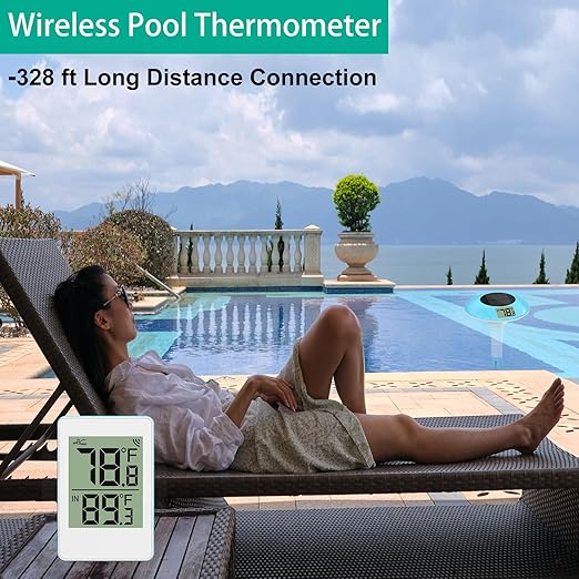 Wireless Pool Thermometer, Digital Pool Thermometer Floating Easy Read–IPX8 Waterproof Solar Temperature Gauge for Aquarium, Pond, 328 Feet Long Connection