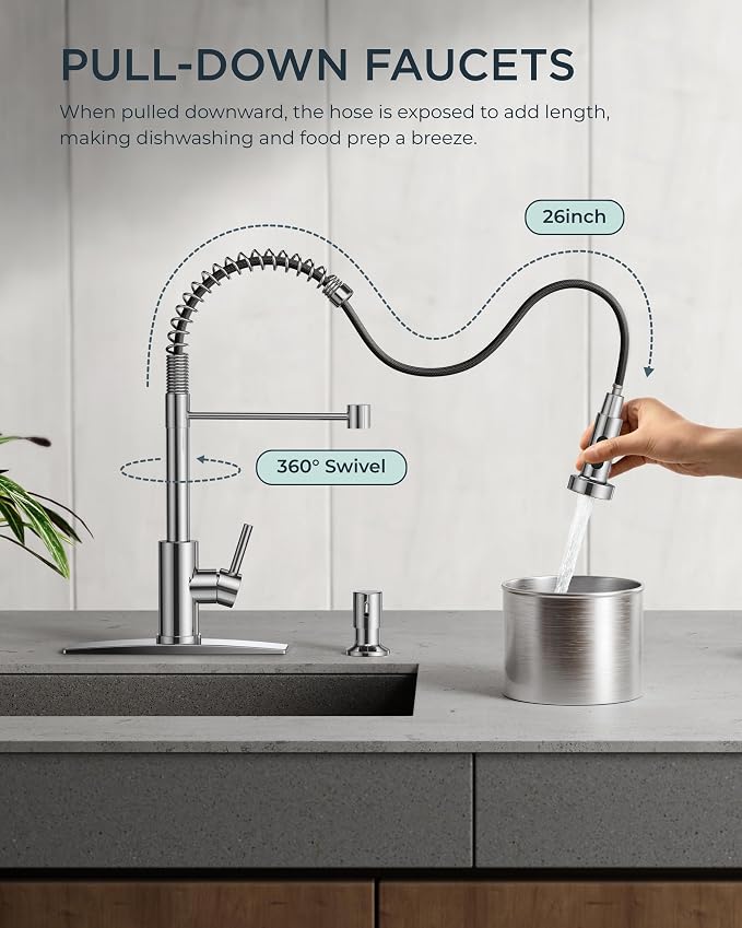 FORIOUS Kitchen Faucet with Pull Down Sprayer, Stainless Steel Commercial Single Handle Classic Spring Pull Out Sink Faucet for Pot Filler, Farmhouse Camper Bar Laundry Room, Chrome