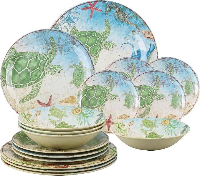 UPware 16 Piece Sea Turtle Melamine Dinnerware Sets, Outdoor Dishes Set, Plates and Bowls Sets, Service for 4, Multicolor