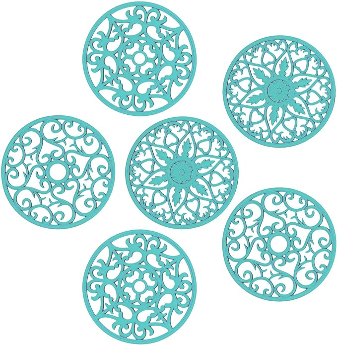 Smithcraft Silicone Trivets for Hot Dishes, Pots & Pans, Hot Pads for Kitchen Counter Accessories, Carved Heat Resistant Mat for Countertop, Silicone Trivet Mat Pot Holders for Tabletops, Set 6 Teal