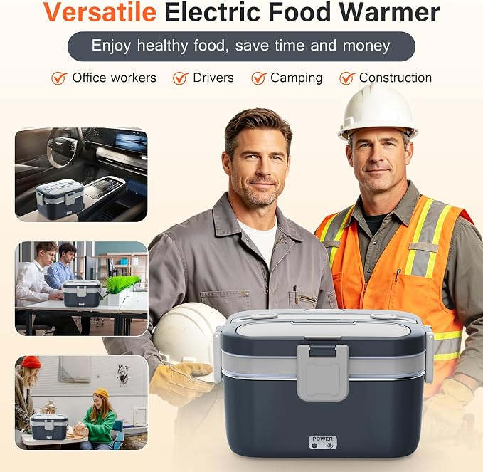 2.8L Electric Heated Lunch Box - 100W Portable Food Warmer for Adults, Leak-Proof & Dishwasher-Safe, Ideal for Car, Truck, Travel, Work, Gift for Men & Women