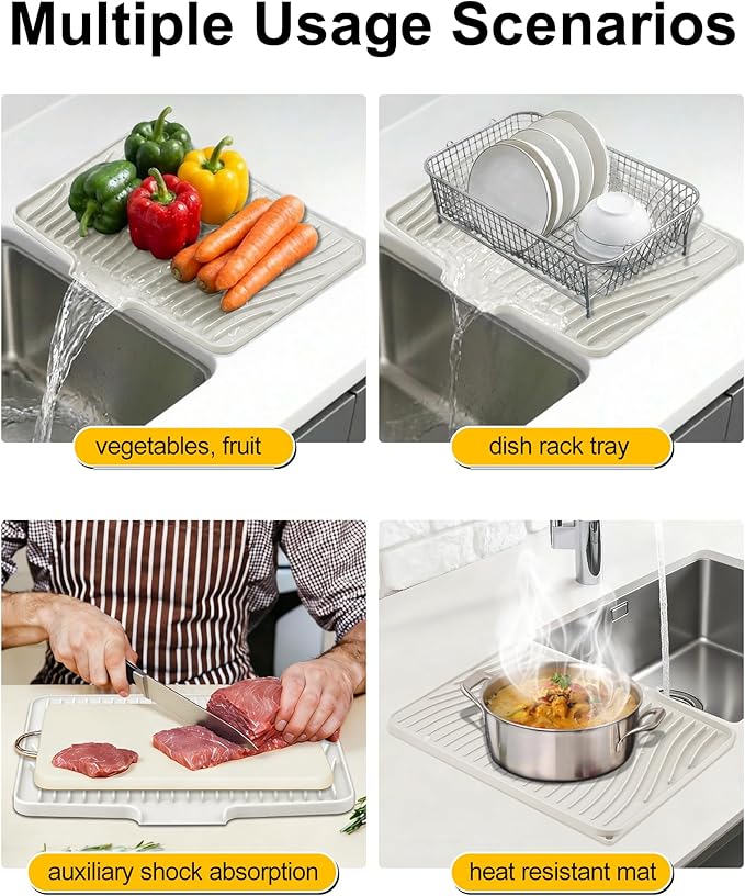 Silicone Dish Drying Mat for Kitchen Counter, Non-Slip Drain Pad with Built-in Drain, Heat Resistant Dish Drying Pad, Multi-Use Drying Mat, Dishwasher Safe & Hangable, Cream, 19.7" x 15"